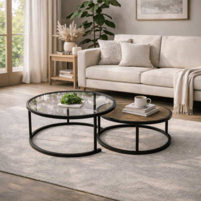 QandAHome-Halo Minimalist Glass and Wooden Nesting Tables