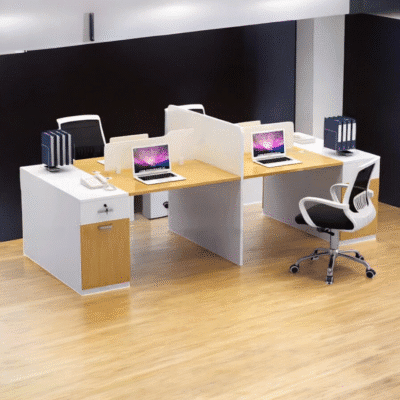 white and oak workstation office table with black office chairs