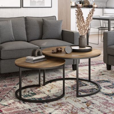 QandAHome-Set of 2 Round Nesting Coffee Tables, Brown