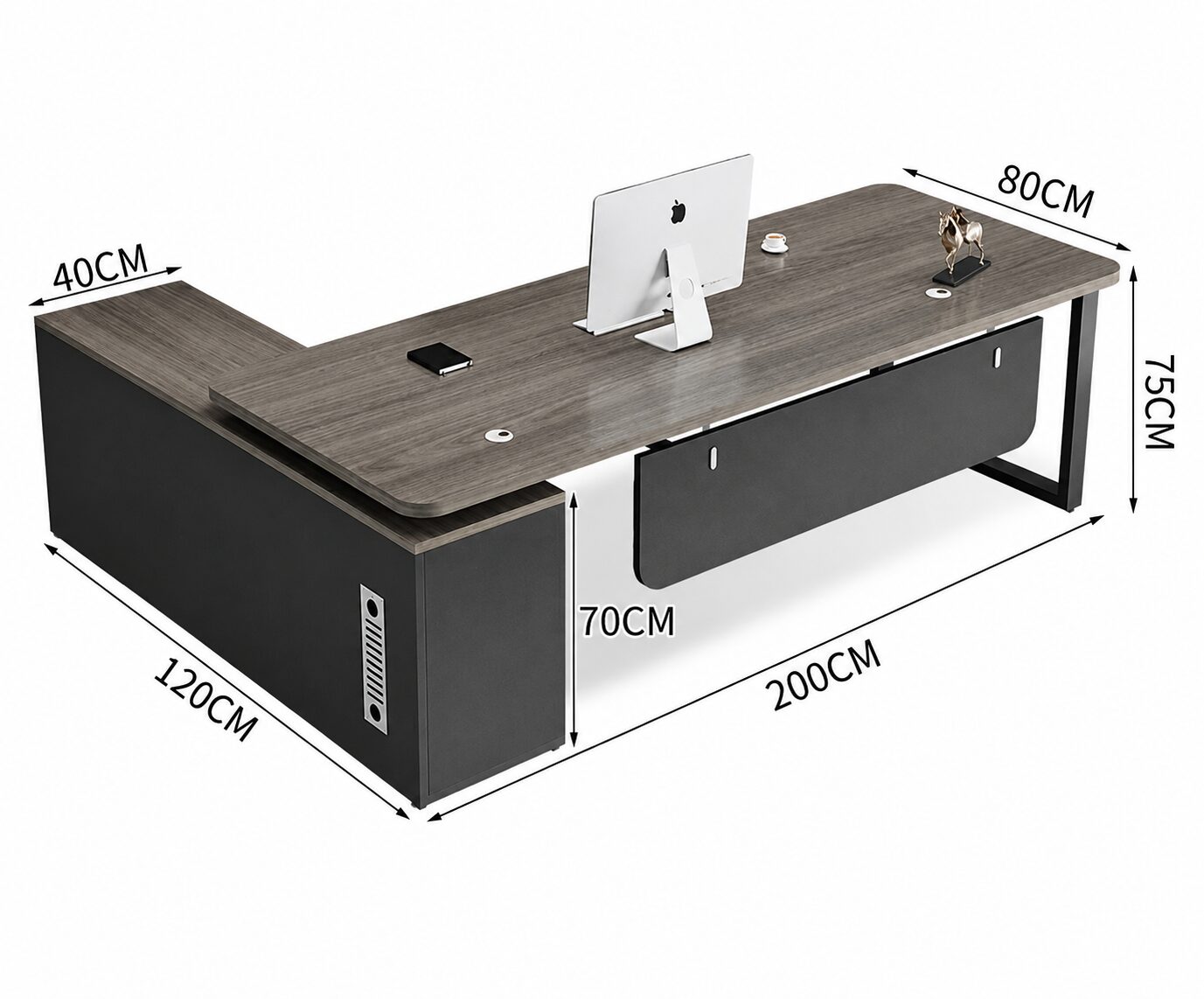 Prestige 2 m executive desk dimensions showing the L-shaped layout