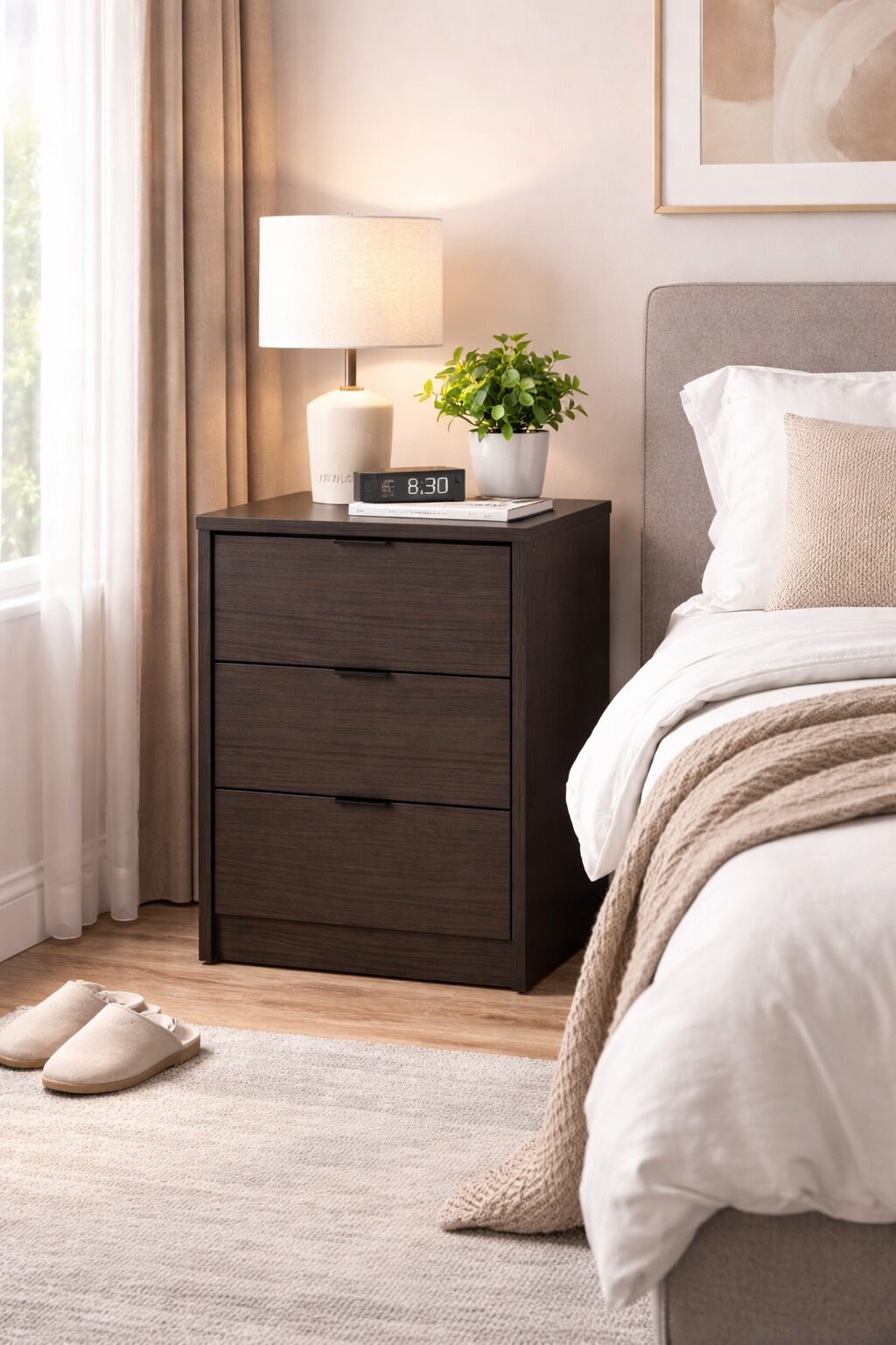 Modern bedroom with sleek nightstand and lamp