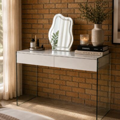 QandAHome-Celeste Glass Makeup Desk with LED Mirror