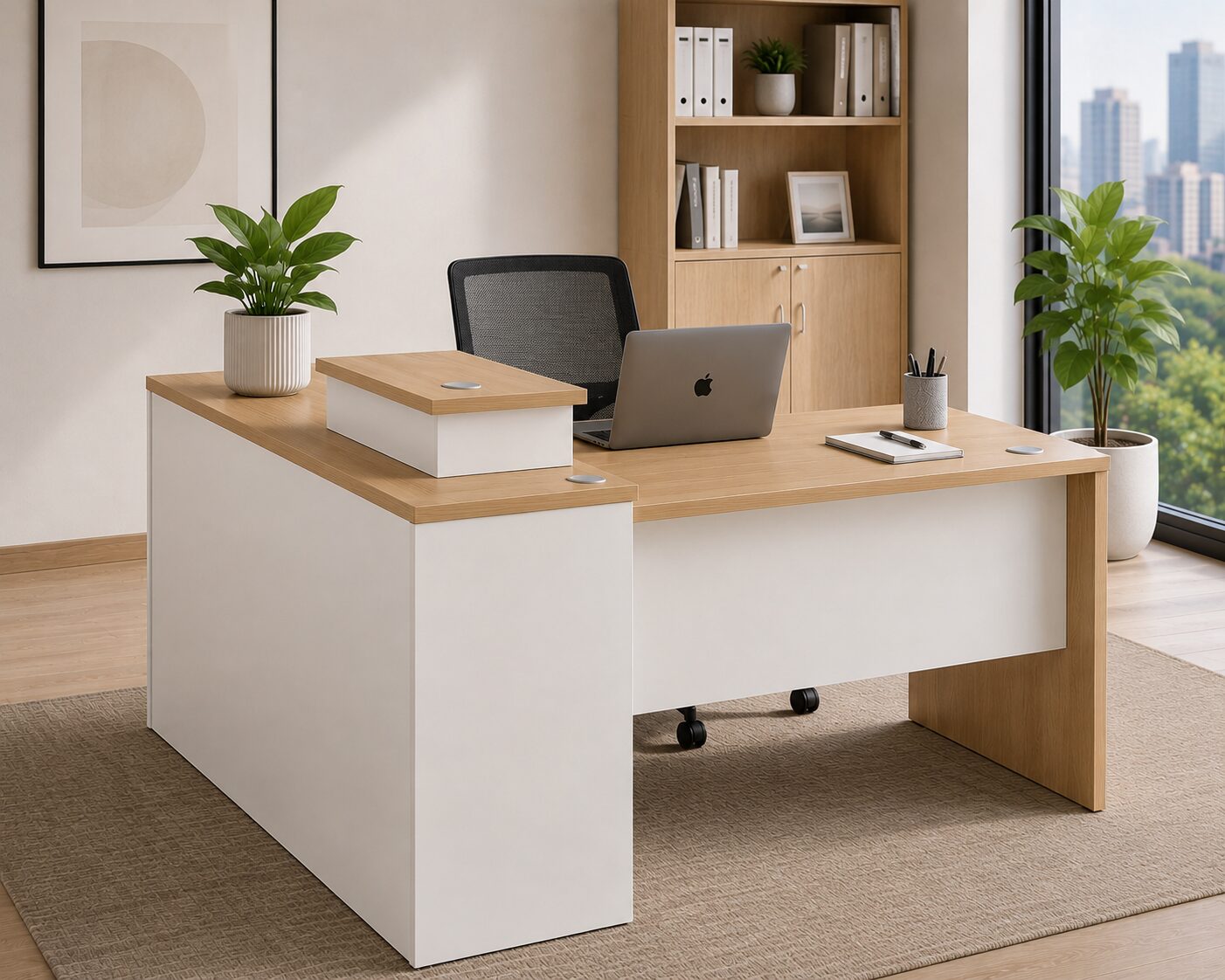 Zylo 1.8 m reception desk in wood grain and white