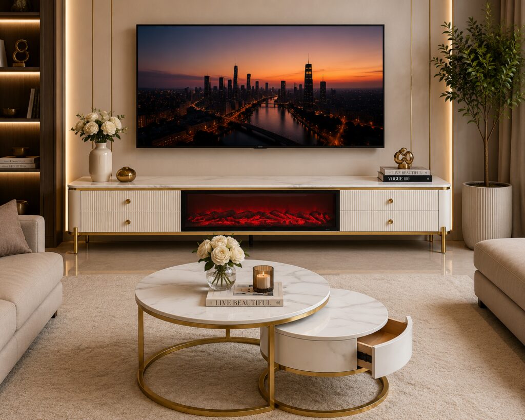 QandAHome – Aurelia Luxe Fireplace Living Set