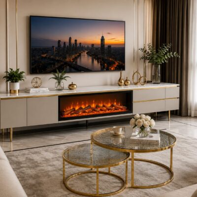 QandAHome- Imperial Gold Fireplace TV Stand.