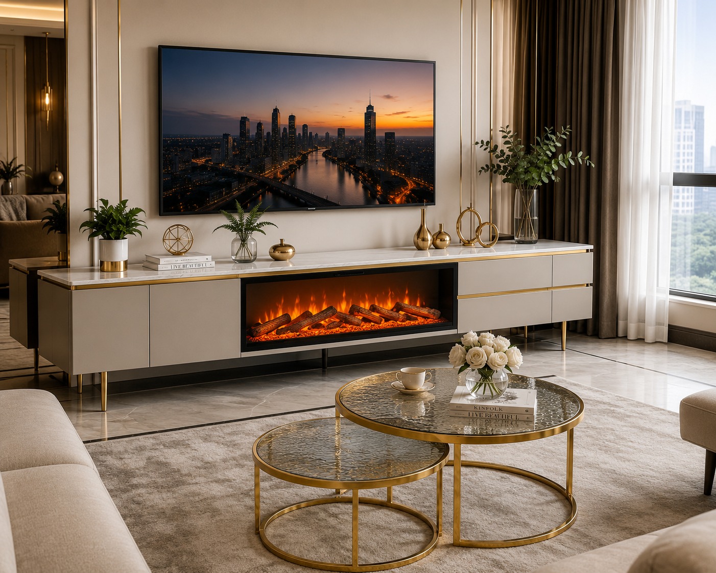 QandAHome- Imperial Gold Fireplace TV Stand.
