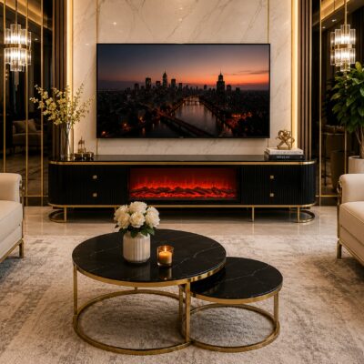QandAHome – Noir Glow Fireplace TV Stand Set