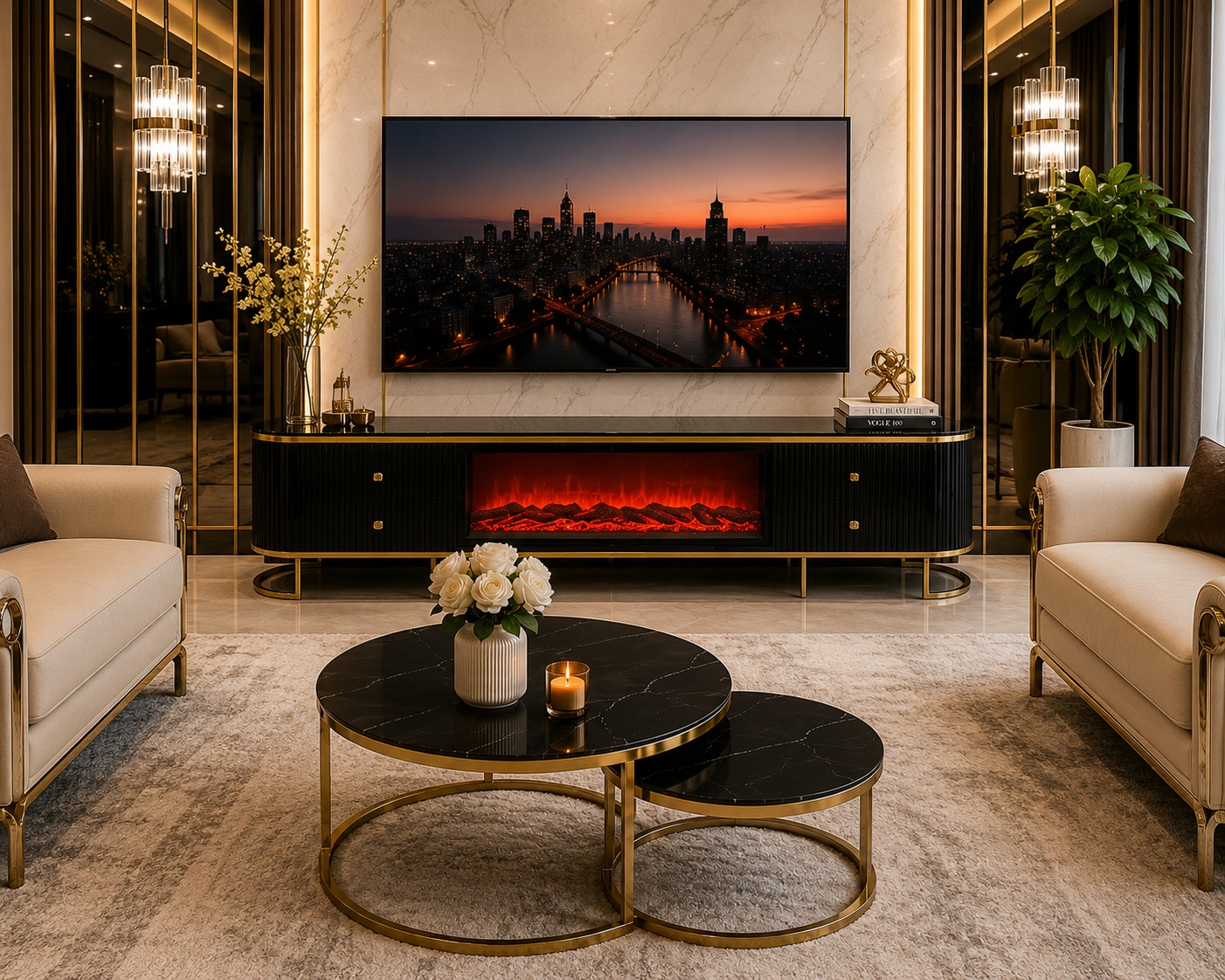 QandAHome – Noir Glow Fireplace TV Stand Set