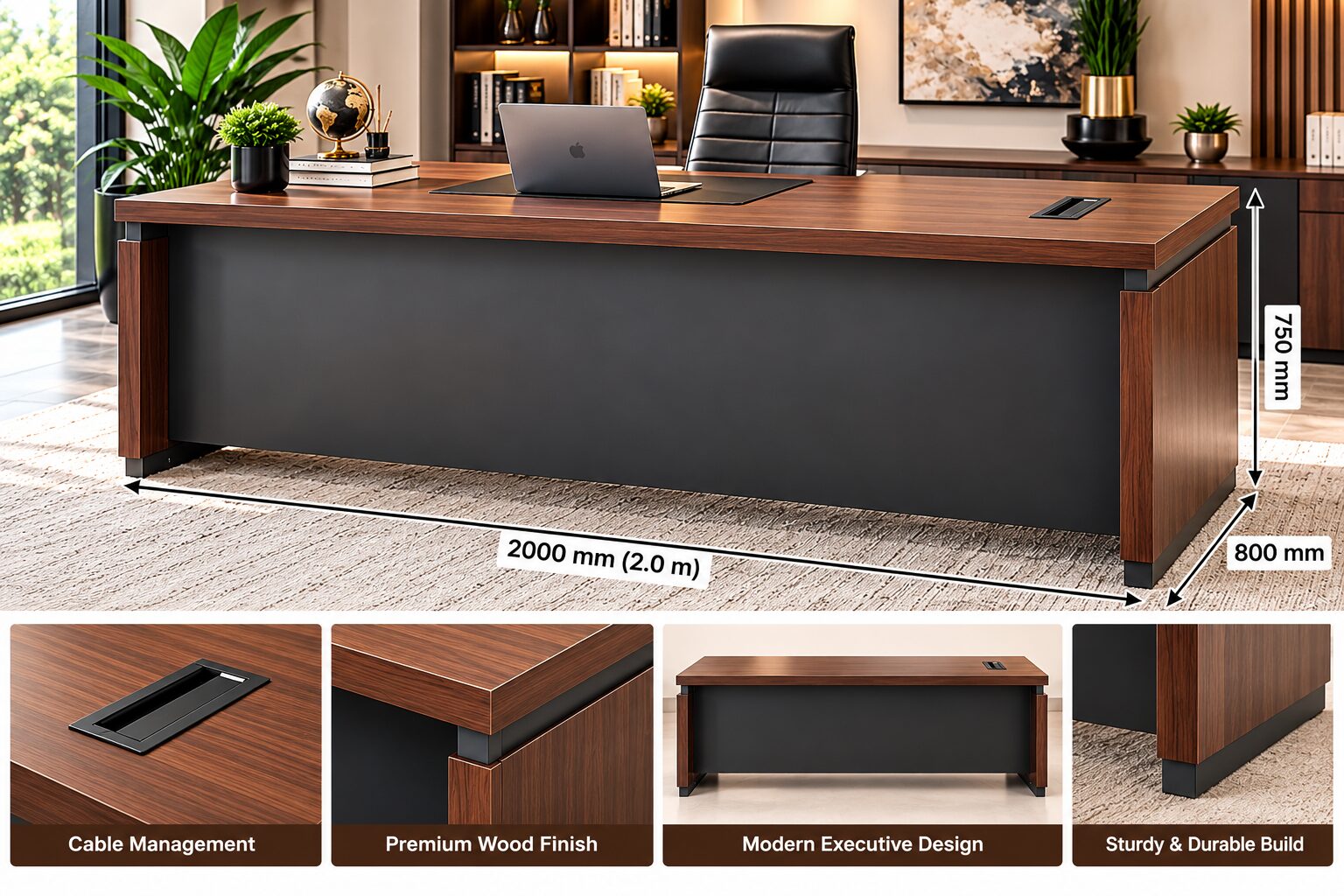QandAHome – Ashton Executive Desk (2m) - Image 2